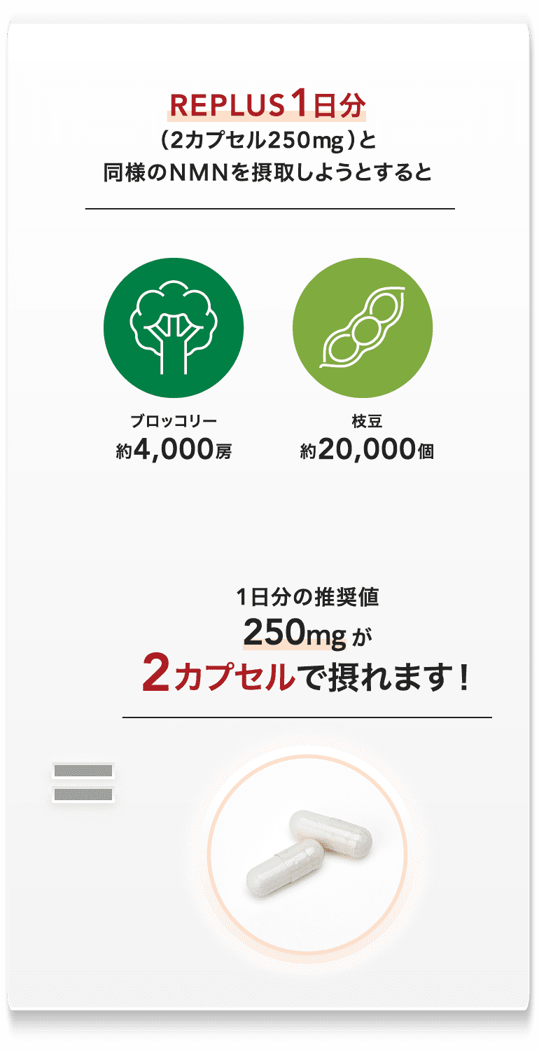 REPLUSなら1日分250㎎のNMNが2カプセルで摂れます